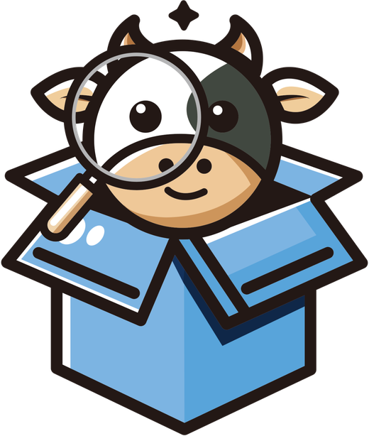 The old Niuniubox mascot, a cow with a magnifying glass looking out of a cardboard box