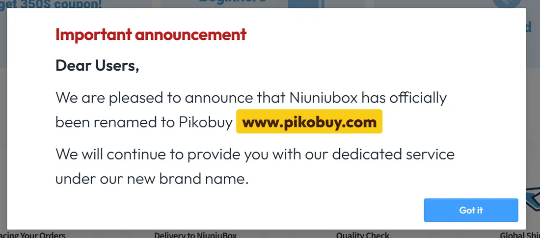 Niuniubox notice announcing the Pikobuy name