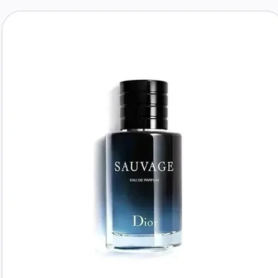 A dark blue bottle of eau de parfum standing against a white background