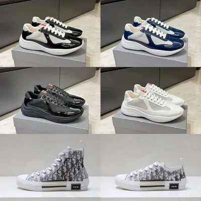 Six pairs of trainers arranged in a grid, five low-tops and one high-top