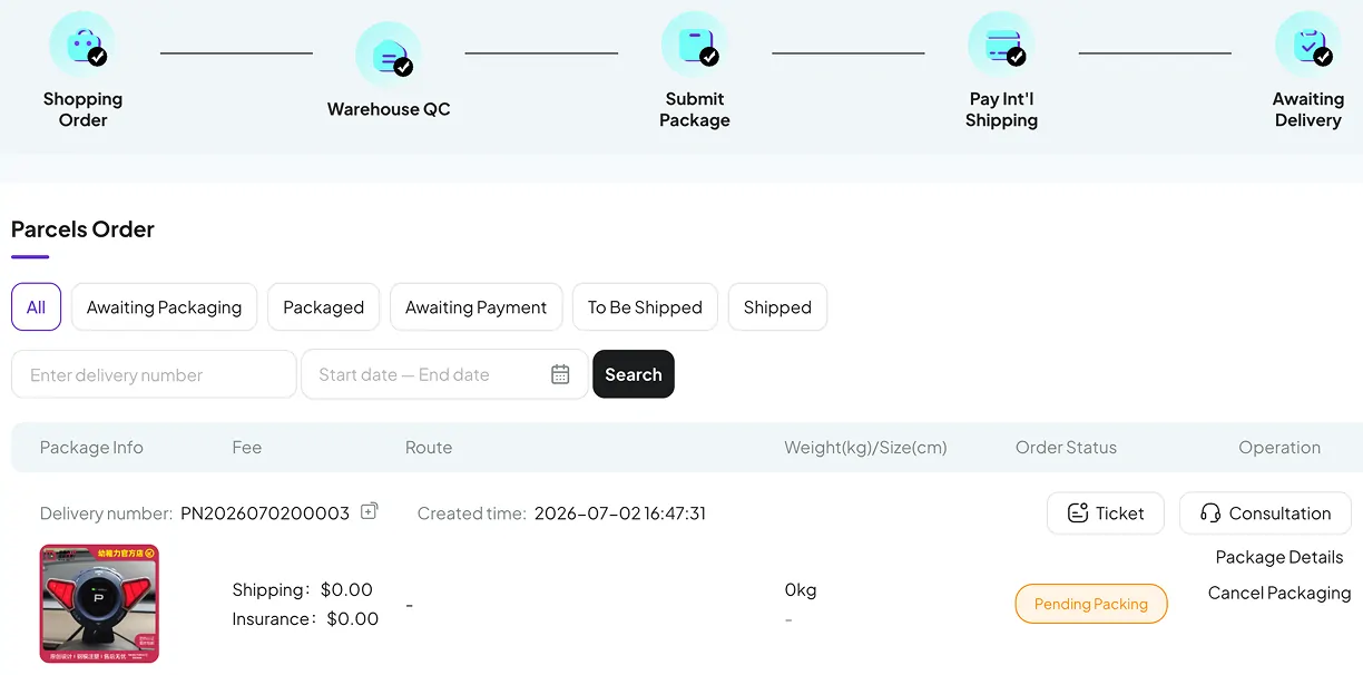 A parcel management screen showing five stages and a table of parcels with their status