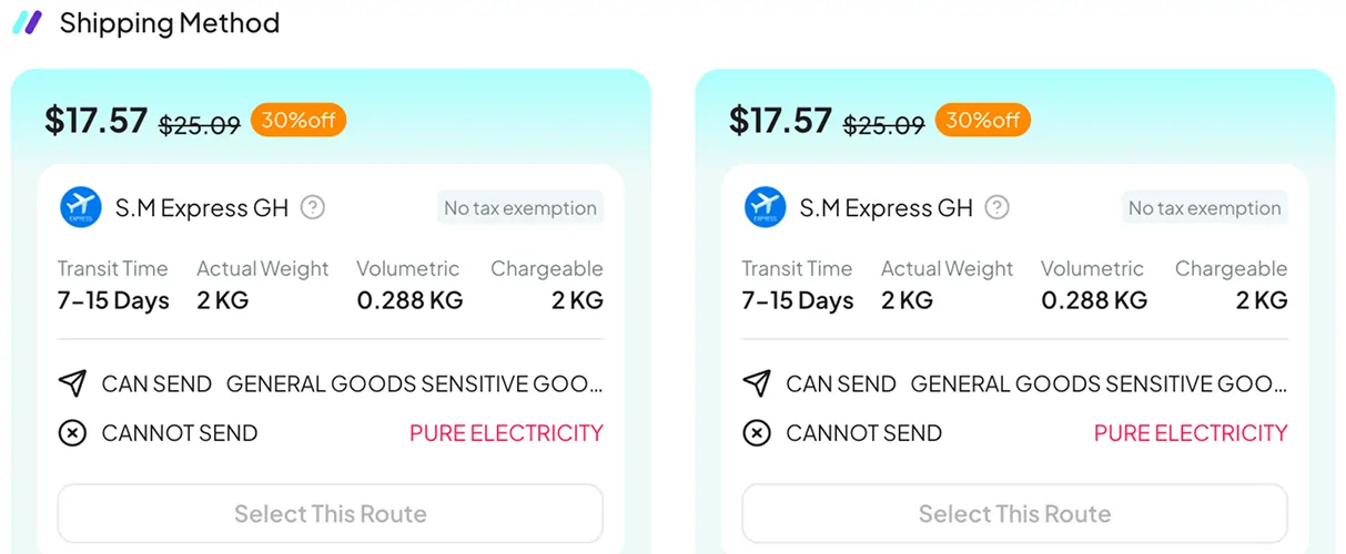 Official route cards with estimated charges and weight basis